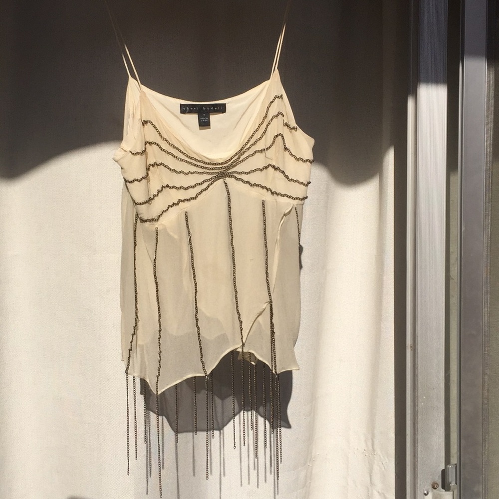 Sheri Bodell cream silk chain detail top size S